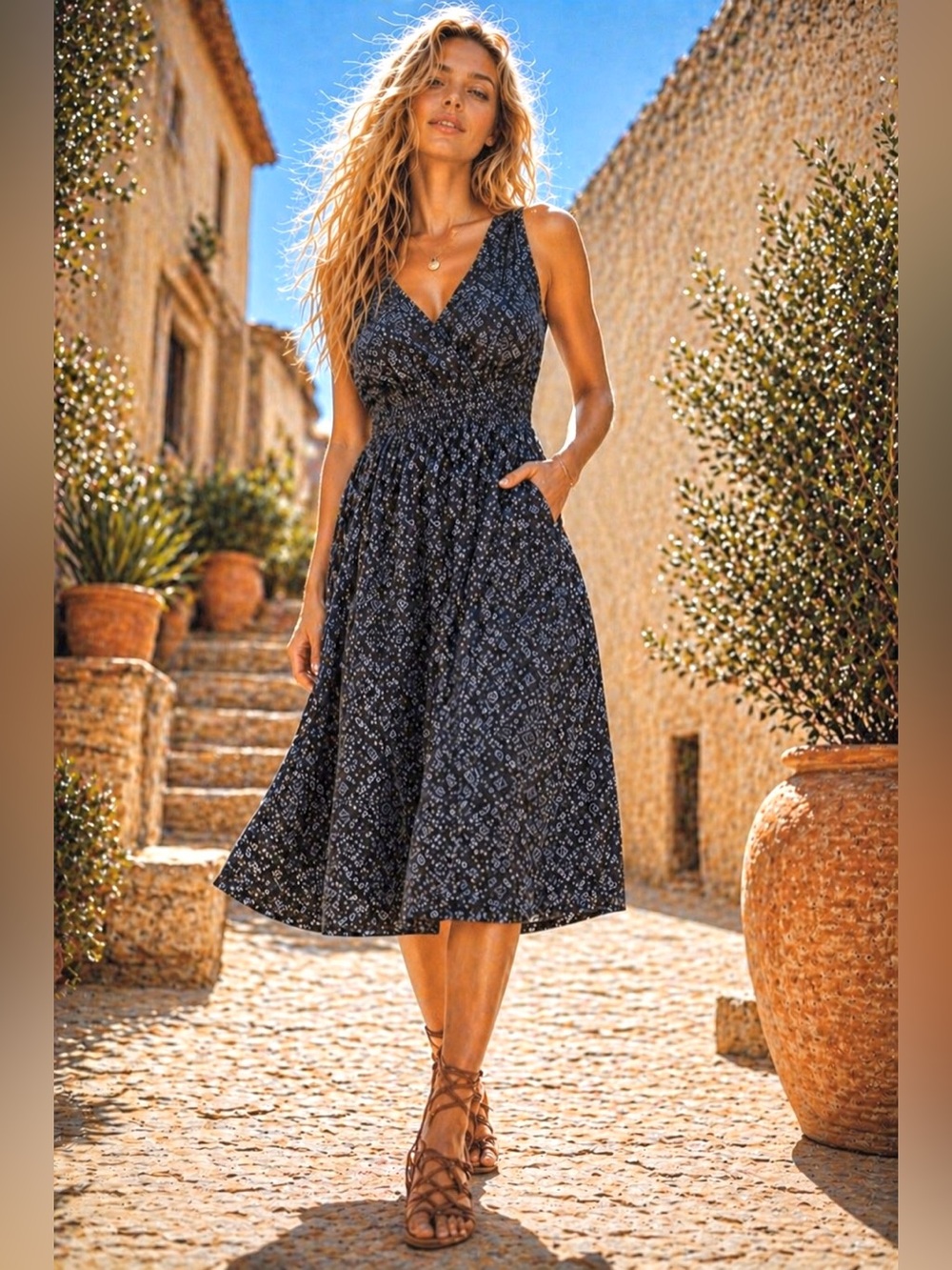 Organic Viscose Smocked Waist & Back Black Patterned Dress with Pockets Fits S/M - Picture 10 of 16
